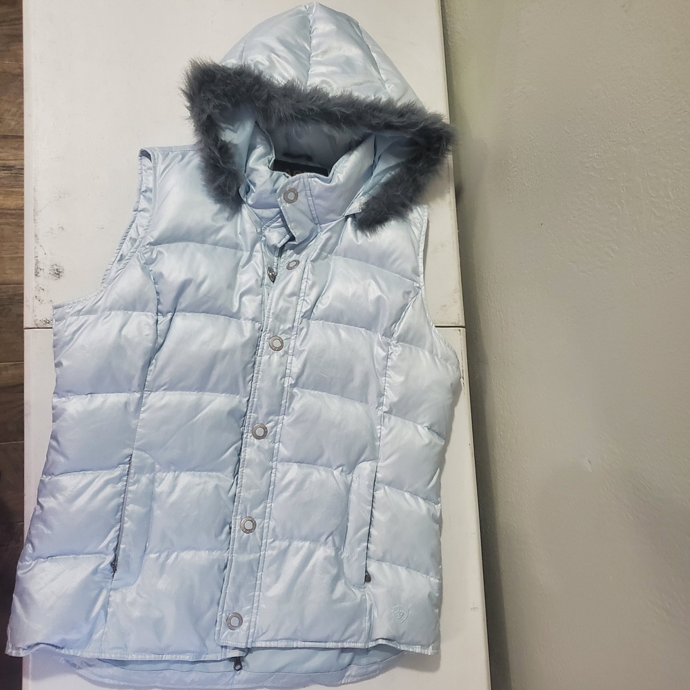 Ariat Light Blue Puffer Vest with Faux Fur Hood